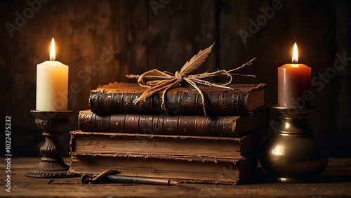 Old Books and Burning Candles on a Rustic Wooden Table: Cozy Vintage Scene with Warm Atmosphere photo