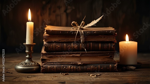 Old Books and Burning Candles on a Rustic Wooden Table: Cozy Vintage Scene with Warm Atmosphere photo