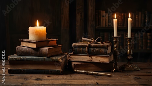 Old Books and Burning Candles on a Rustic Wooden Table: Cozy Vintage Scene with Warm Atmosphere photo