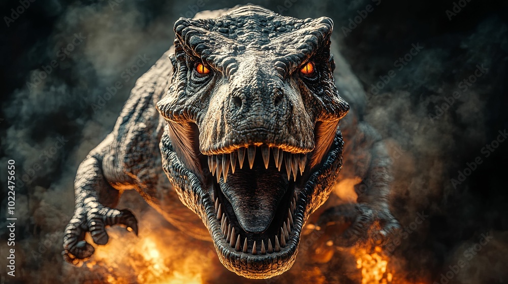 Tyrannosaurus Rex with Fiery Eyes and Open Jaws Tyrannosaurus Rex with Fiery Eyes and Open Jaws