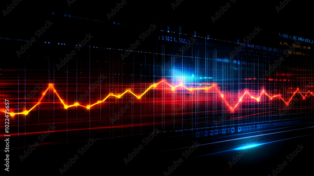 Abstract 3D Illustration of a Digital Line Graph with Red and Blue Glowing Lines on a Black Background