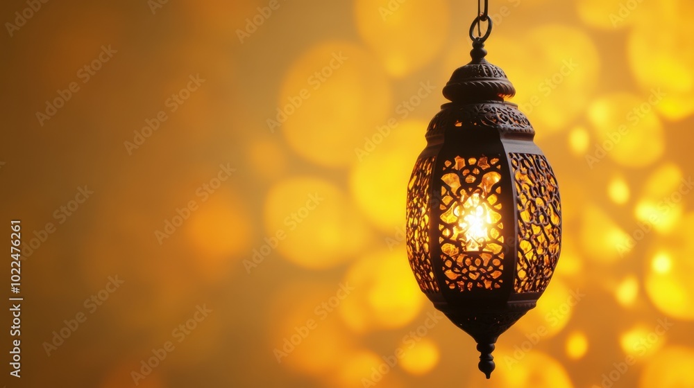 Decorative hanging lantern, resting on a mustard yellow backdrop with warm light accents, copy space, happy Diwali background, traditional, Indian festival Decorative hanging lantern, resting on a mustard yellow backdrop with warm light accents, copy space, happy Diwali background, traditional, Indian festival