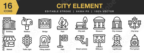 City Element icon set. Editable Stroke Icon Collection. Includes traffic light, street camera, parking, park, mailbox, and More. Outline icons vector collection.