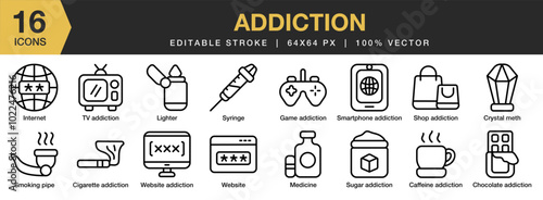 Addiction icon set. Editable Stroke Icon Collection. Includes website, syringe, sugar, smoking pipe, shop addiction, medicine, and More. Outline icons vector collection.