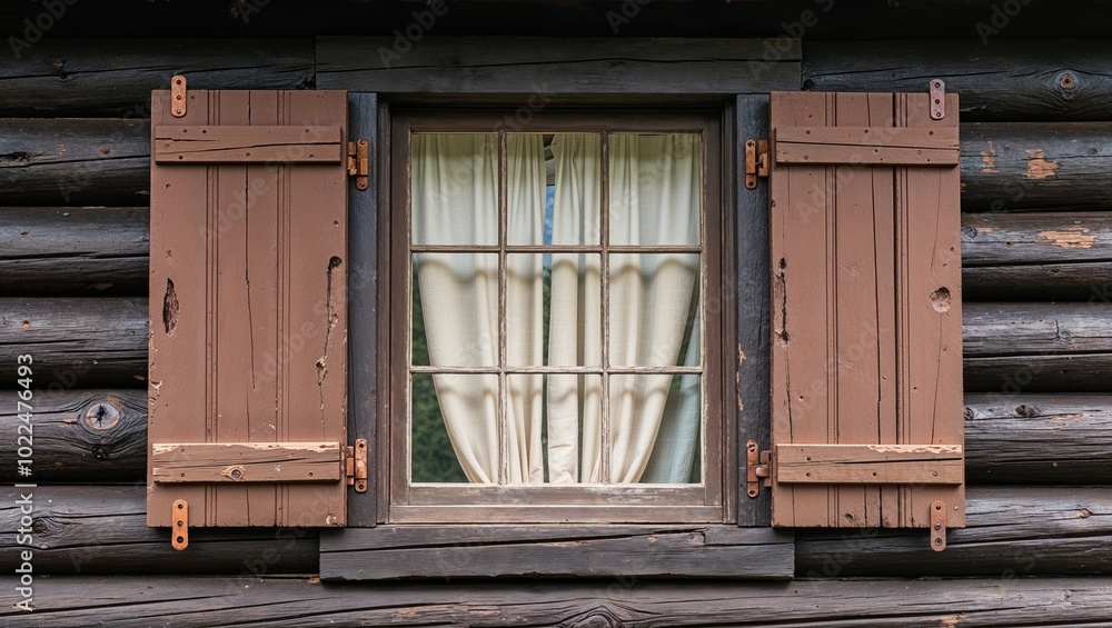 weathered wooden window set in a dark brown, rough-hewn log cabin wall, with visible vertical grooves and horizontal ridges, showcasing its age and wear. weathered wooden window set in a dark brown, rough-hewn log cabin wall, with visible vertical grooves and horizontal ridges, showcasing its age and wear.