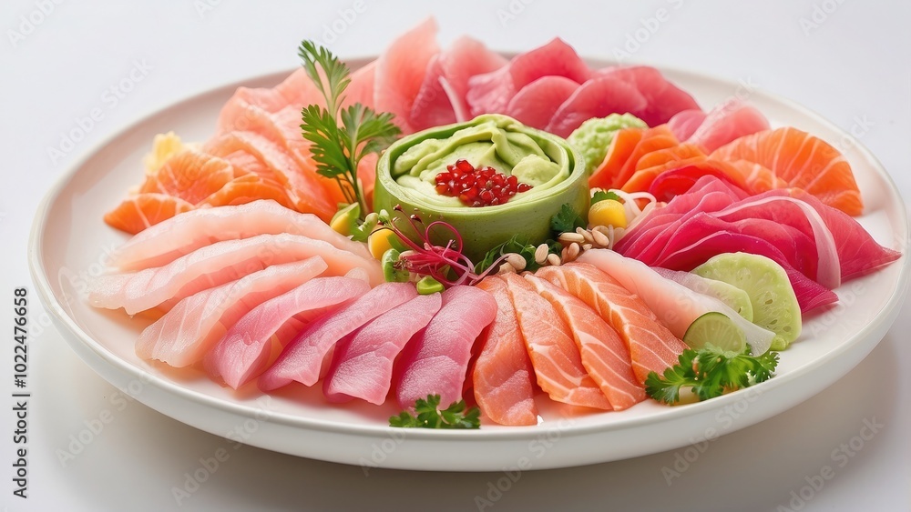 : A dish of colorful sashimi slices with pickled ginger and wasabi, elegantly arranged, isolated on white background : A dish of colorful sashimi slices with pickled ginger and wasabi, elegantly arranged, isolated on white background