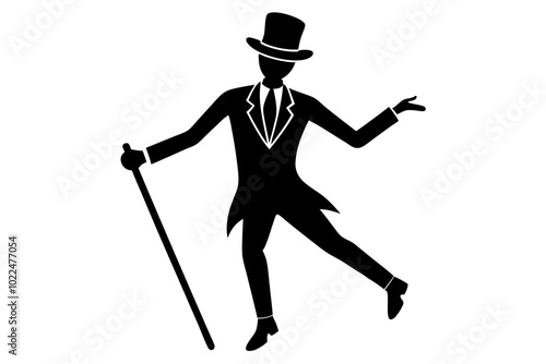 Retro tap dancer with top hat and cane in black color | vector silhouette illustration on white background