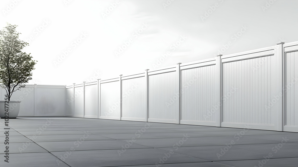 Fototapeta premium 3D Render of a White Privacy Fence in a Modern Landscape Design with a Single Tree in a Pot