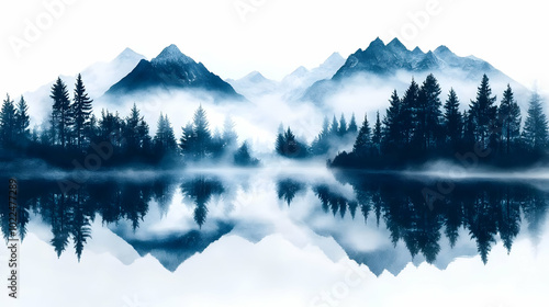 A Serene Watercolor Painting Depicting a Misty Mountain Lake Scene with Reflections