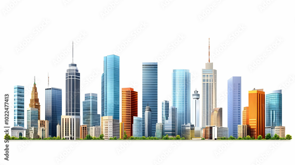 A Colorful City Skyline with Modern Skyscrapers and a White Background A Colorful City Skyline with Modern Skyscrapers and a White Background