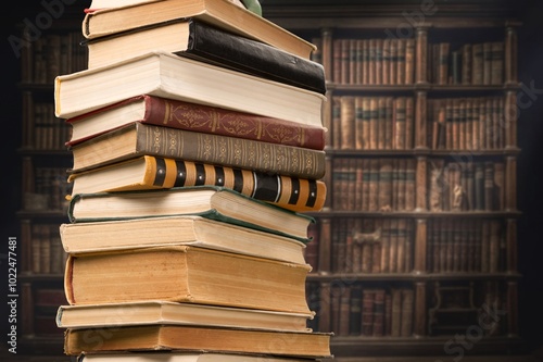 Stacks of old reading books on desk in library.