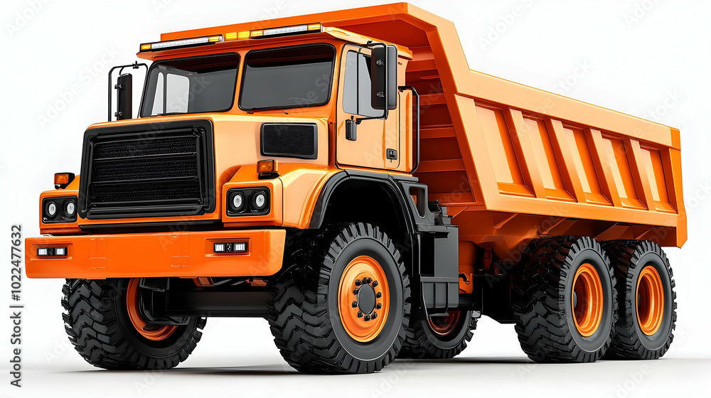 A 3D Render of an Orange Dump Truck with a Black Grille and Large Tires on a White Background A 3D Render of an Orange Dump Truck with a Black Grille and Large Tires on a White Background