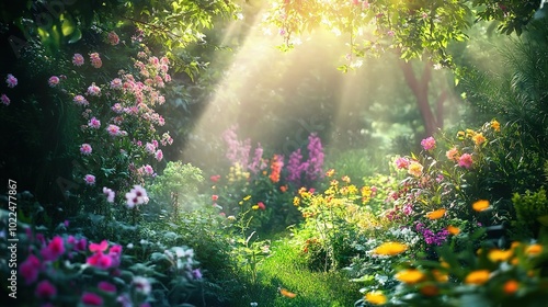 Serene Garden Path with Sunlight and Colorful Flowers