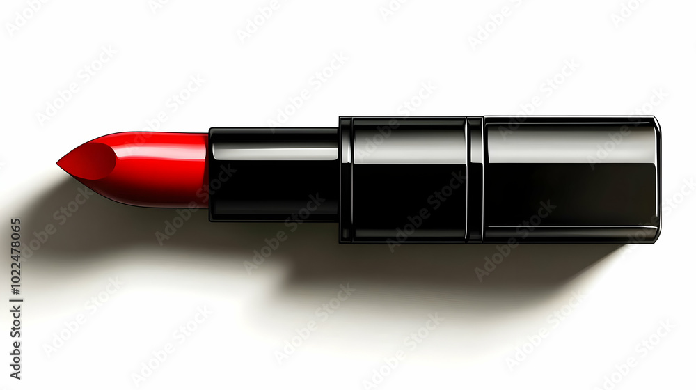 A Single Red Lipstick with Black Case Laying on a White Surface