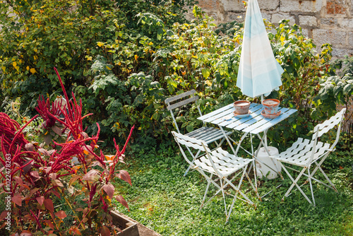 Petit salon de jardin dans un terrain en été. Table, chaise et parasol dans un verger. Lieu de détente privé. Calme et sérénité.