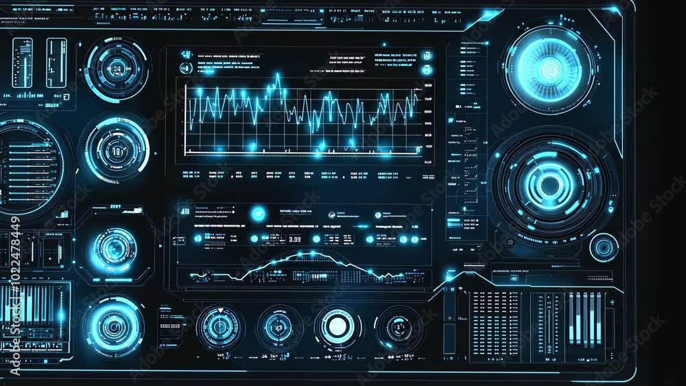 A futuristic interface with glowing blue displays and various gauges and dials A futuristic interface with glowing blue displays and various gauges and dials