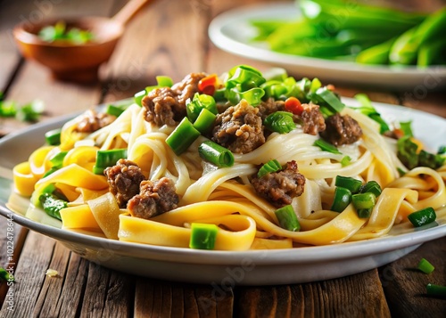 Tilt-Shift Noodles with Meat, Cheese, and Veggies on a White Plate - Culinary Delight