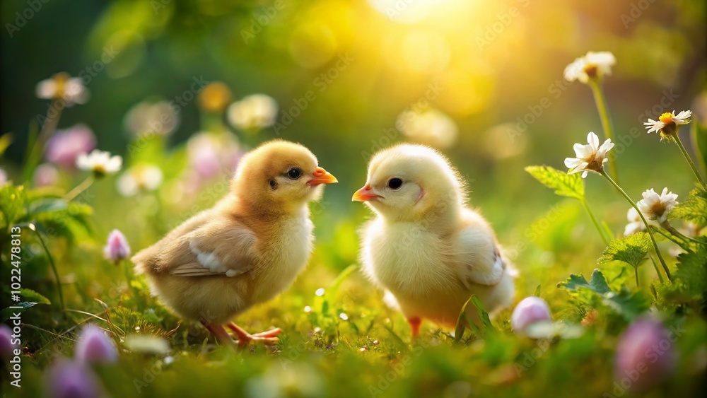 Tilt-Shift Photography of Two Chicks Pecking on the Ground in a Natural Setting Tilt-Shift Photography of Two Chicks Pecking on the Ground in a Natural Setting