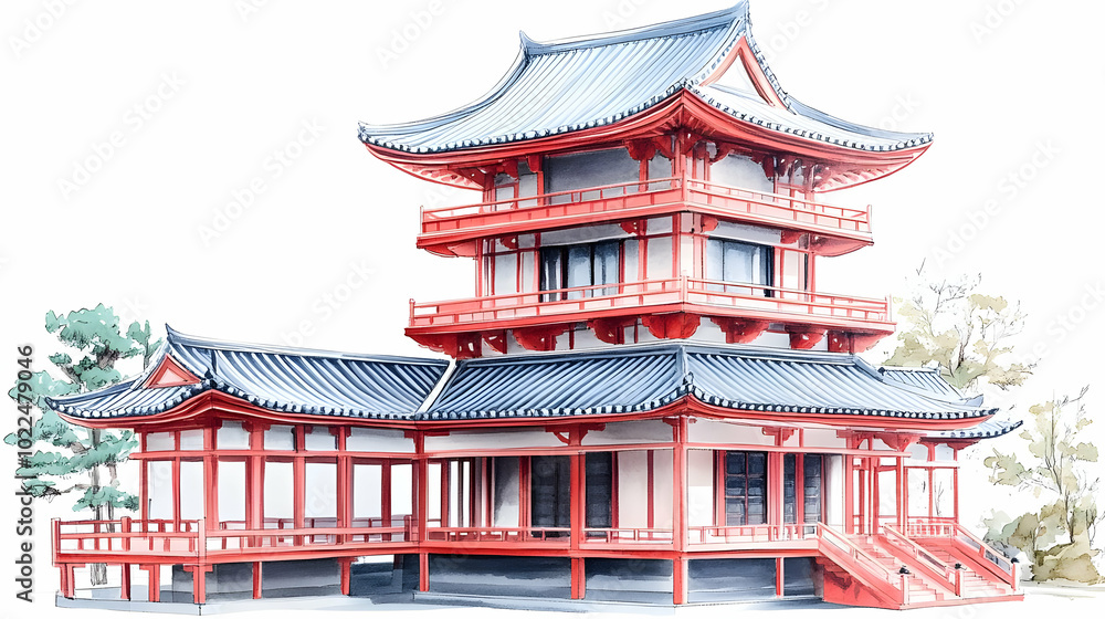 Watercolor Illustration of a Traditional Japanese Pagoda with Red Accents and a Blue Roof, Set Against a White Background Watercolor Illustration of a Traditional Japanese Pagoda with Red Accents and a Blue Roof, Set Against a White Background