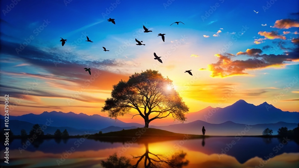 Naklejka premium Together in Harmony - Silhouette of Nature and Unity at Dusk for Serene Stock Photography
