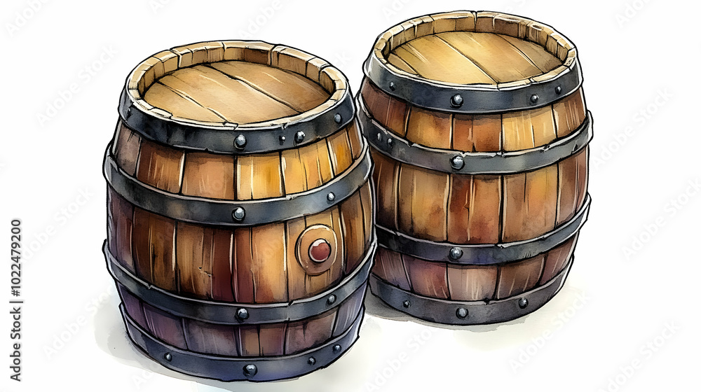 Two Wooden Barrels with Metal Bands on White Background, Watercolor Illustration
