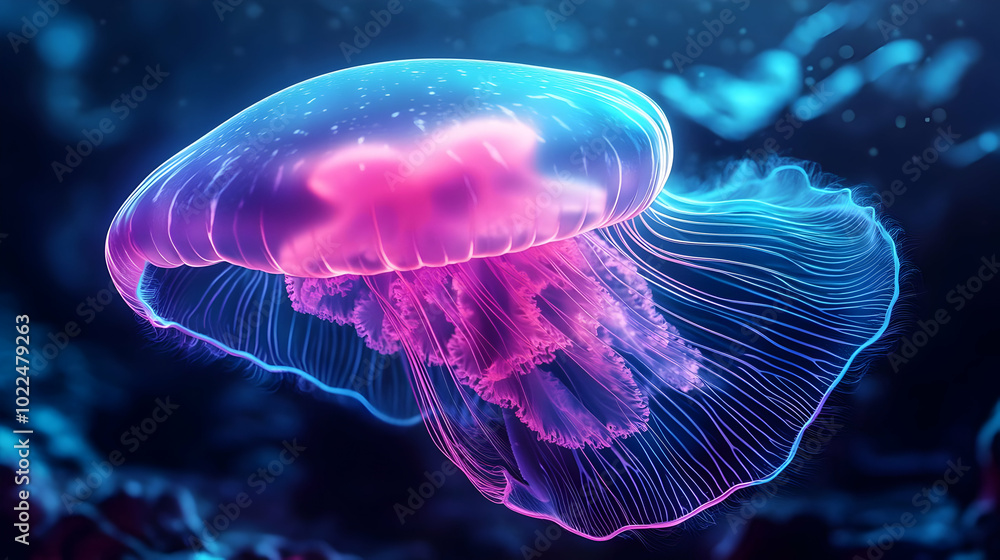 A Vibrant Jellyfish Glows with Pink and Blue Hues in the Deep Ocean A Vibrant Jellyfish Glows with Pink and Blue Hues in the Deep Ocean