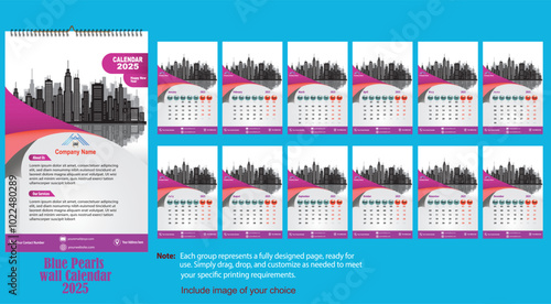 Modern wall calendar design featuring elegant blue pearls on a stylish background, perfect for adding a touch of sophistication to any space while keeping you organized.