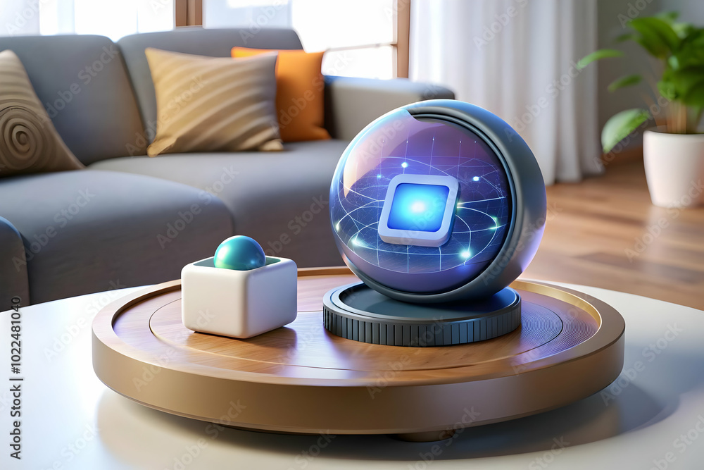 Close-Up of Smart Home Device with Holographic Interface in Cozy Living Room - Macro Shot Showcasing Innovative Technology in Comfortable Atmosphere Close-Up of Smart Home Device with Holographic Interface in Cozy Living Room - Macro Shot Showcasing Innovative Technology in Comfortable Atmosphere