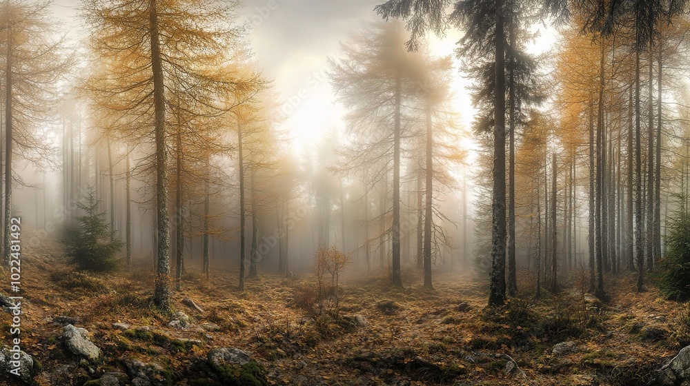 Fototapeta premium Misty Autumn Forest with Lush Trees and Tranquil Ambiance