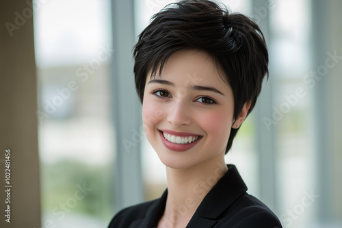 Portrait of a young woman with short black hair smiling confidently in a black blazer, showcasing a successful and professional look