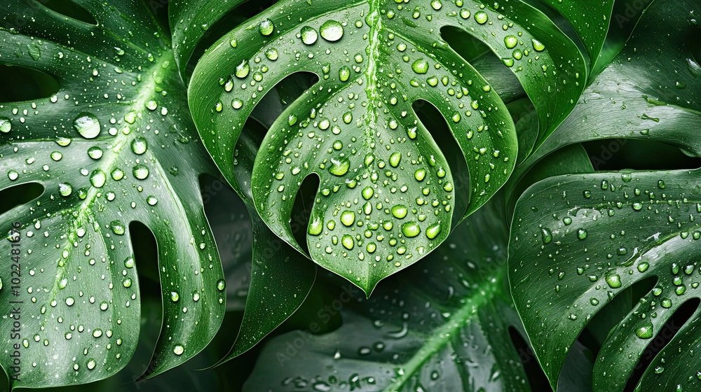 Fototapeta premium Close-up of Lush Green Monstera Leaves with Water Droplets