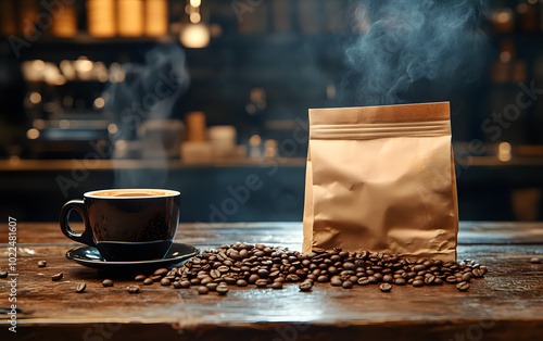 Freshly brewed coffee with beans and packaging

 photo