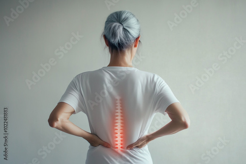 Woman with back pain, highlighted spine showing discomfort, medical concept of spinal health and rehabilitation