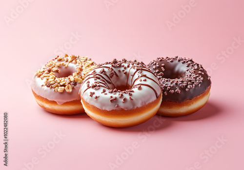 Wallpaper Mural Three assorted donuts with toppings on pink background
 Torontodigital.ca