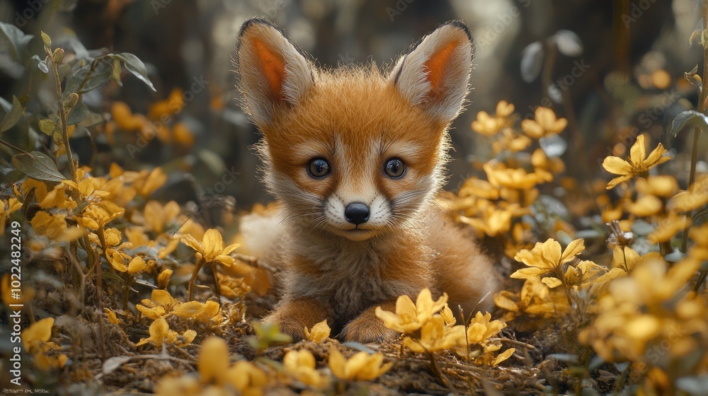 A cute fox cub resting among vibrant yellow flowers. A cute fox cub resting among vibrant yellow flowers.