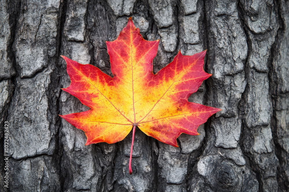 Close-up photo of red and yellow maple leaf against blurred background of leafy foreground Close-up photo of red and yellow maple leaf against blurred background of leafy foreground