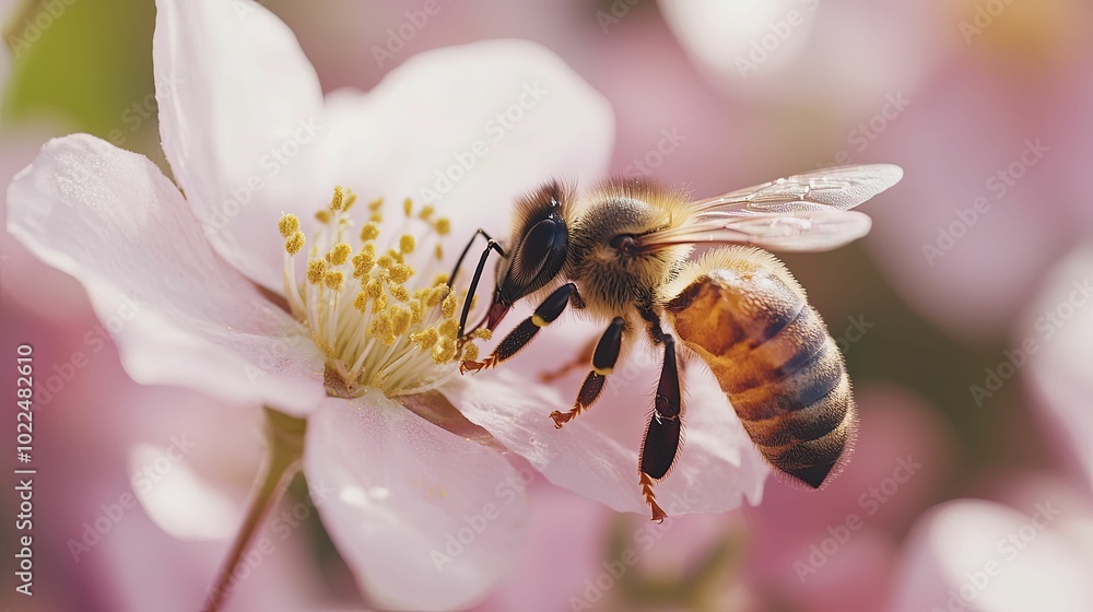 A Honeybee Gathers Pollen from a Delicate Pink Flower A Honeybee Gathers Pollen from a Delicate Pink Flower