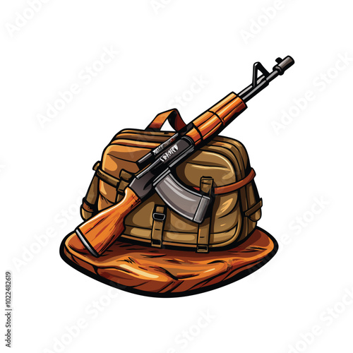 A cartoon illustration of an AK-47 rifle with wooden grips and a metal body, laying on a brown canvas bag with straps.