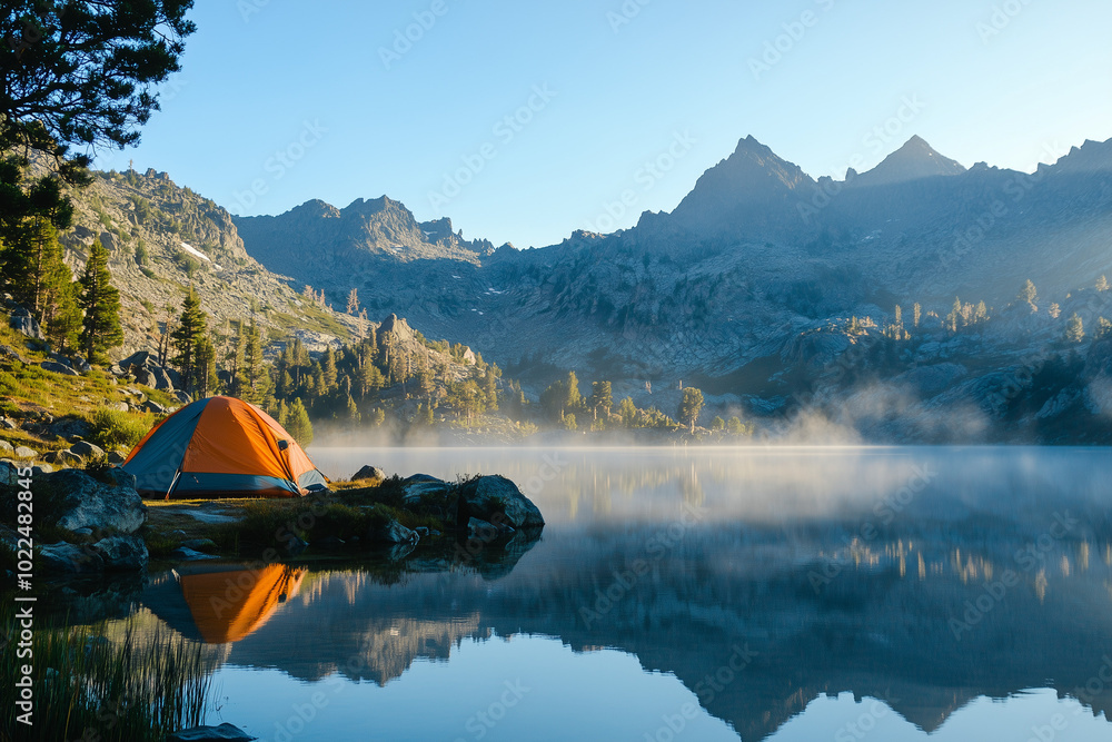 A serene scene of a brightly colored tent set up by a clear mountain lake A serene scene of a brightly colored tent set up by a clear mountain lake