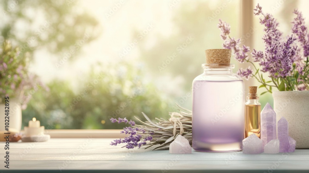 A serene display of lavender essentials, featuring glass bottles, crystals, and flowers, perfect for relaxation and aromatherapy. A serene display of lavender essentials, featuring glass bottles, crystals, and flowers, perfect for relaxation and aromatherapy.