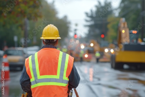 A construction worker wearing an orange safety suit on build asphalt street with excavator