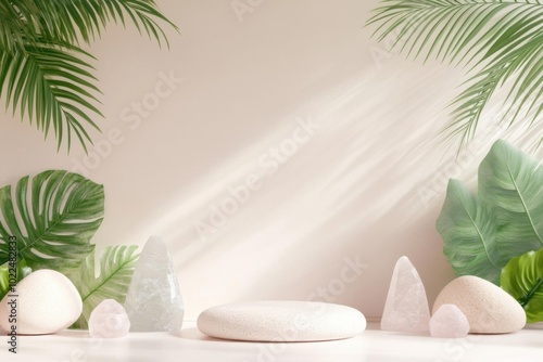 A serene composition featuring soft stones, crystals, and lush greenery against a light backdrop, ideal for wellness themes.