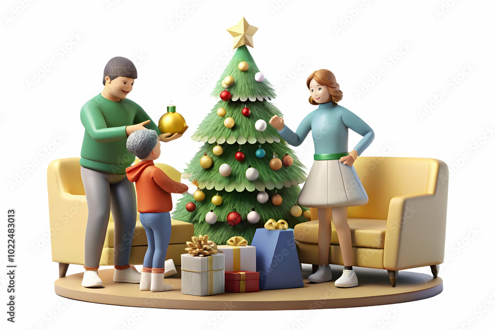 Family Joyfully Decorating a Christmas Tree in Cozy Living Room - Captivating Candid Image of Holiday Togetherness and Festive Cheer Family Joyfully Decorating a Christmas Tree in Cozy Living Room - Captivating Candid Image of Holiday Togetherness and Festive Cheer