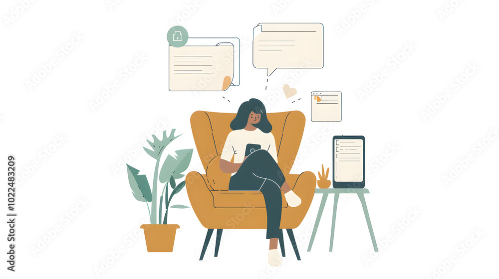 An illustration of an online chat interface on the screen, featuring text bubbles and messages with a woman sitting in an armchair next to a phone. An illustration of an online chat interface on the screen, featuring text bubbles and messages with a woman sitting in an armchair next to a phone.