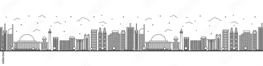 Obraz premium Seamless pattern with outline Jakarta Indonesia City Skyline with Modern Buildings Isolated on White. Jakarta Cityscape with Landmarks.