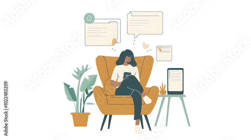 An illustration of an online chat interface on the screen, featuring text bubbles and messages with a woman sitting in an armchair next to a phone.