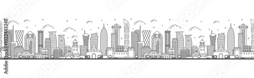Seamless pattern with outline Doha Qatar City Skyline with Modern Buildings Isolated on White. Doha Cityscape with Landmarks.
