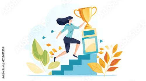 A businesswoman running up the stairs to win an award cup in flat design style with white background. Vector illustration of success and goal achievement concept for web banner