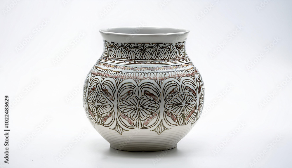 Ceramic vase with an intricate floral pattern stands on a white background Ceramic vase with an intricate floral pattern stands on a white background