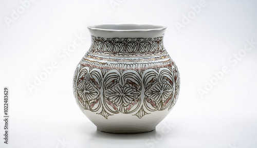 Ceramic vase with an intricate floral pattern stands on a white background